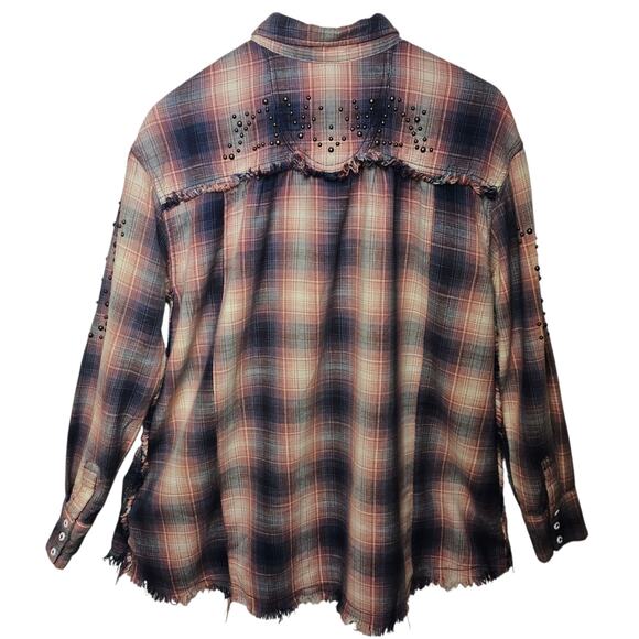 Free People Shirt Womens XS Multicolor Plaid Oversized Casual Studded Button Up - Picture 2 of 15